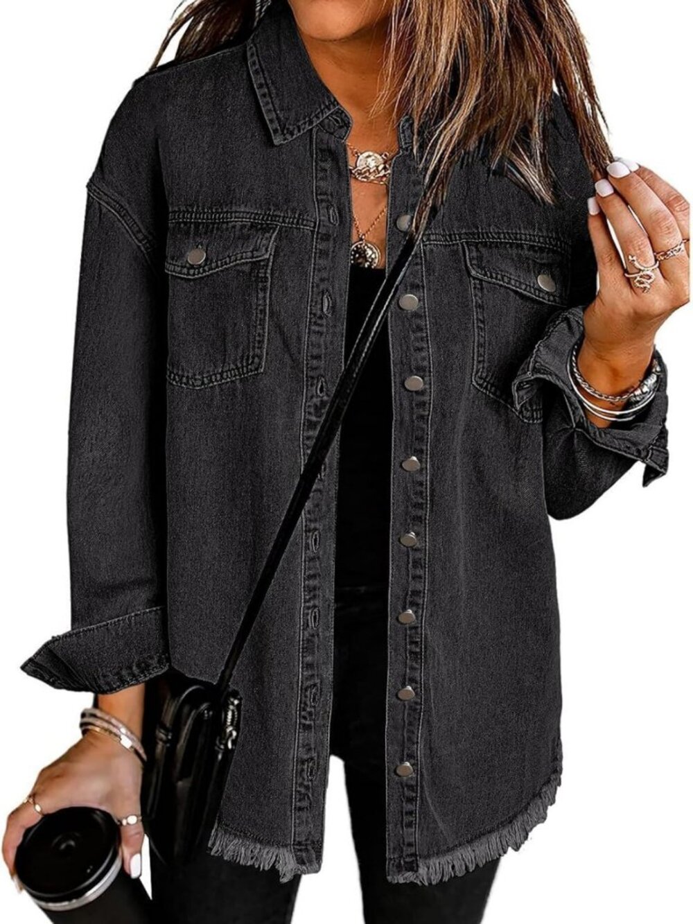 Oversized Frayed Hem Denim Shacket | Women's Button-Up Jean Jacket